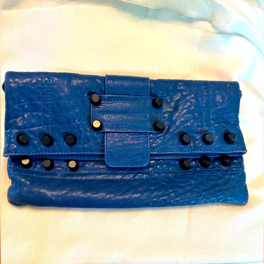 Italian leather Blue clutch with Black industrial studs designer look